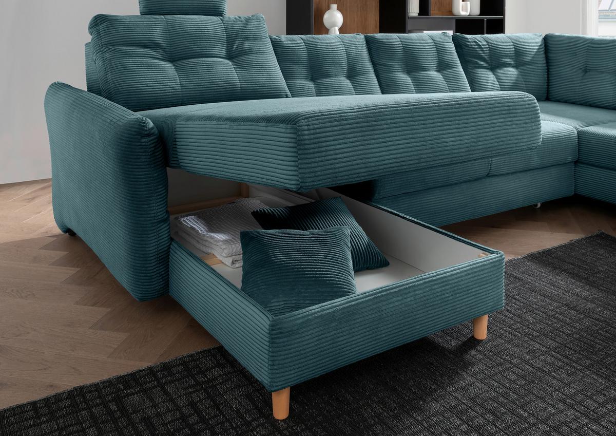 Wohnlandschaft Brizzini Mit Schlaffunktion, Petrol - Petrol/Naturfarben, MODERN, Textil (176/338-352/206cm) - Livetastic