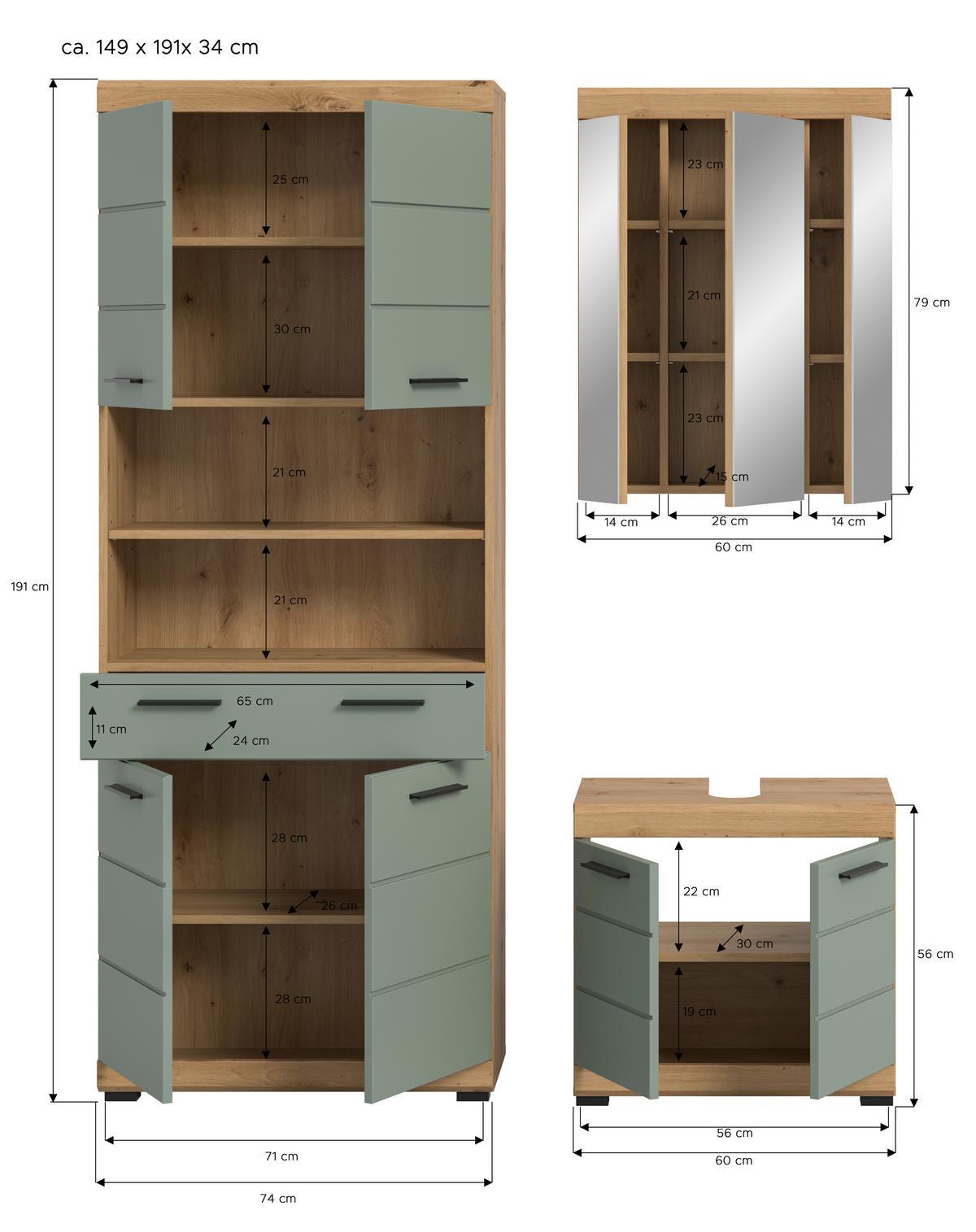 Badezimmer Scout Salbeigrün/Eiche D. B: 134 cm - Schwarz, MODERN, Holzwerkstoff (134cm) - MID.YOU
