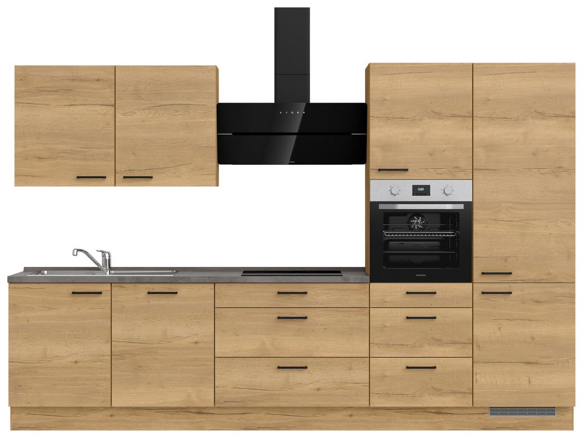 Kuchynská linka 330 cm, dub Sierra - čierna/farba duba, Modern, kov/kompozitné drevo (330cm) - Nobilia