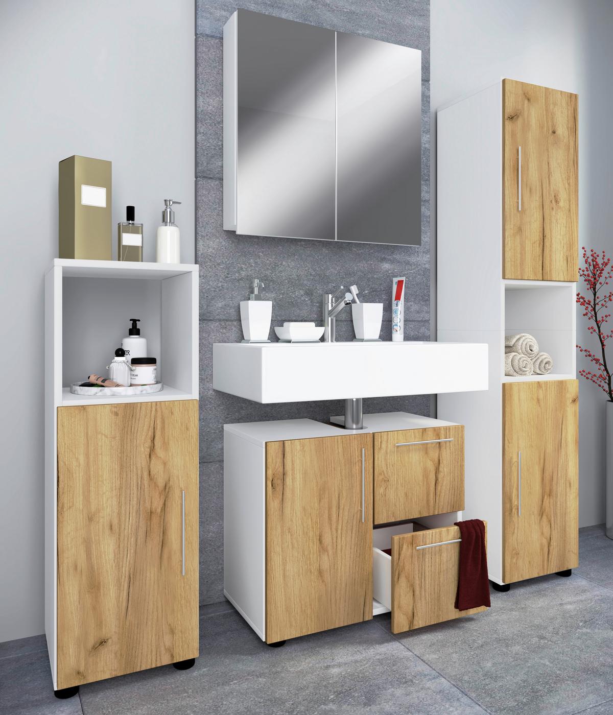 Badmöbel-Set 4-Tlg. Flandu B: 123 cm Weiß/Eiche Dekor - Honigeiche/Schwarz, MODERN, Holzwerkstoff/Kunststoff (123cm) - MID.YOU