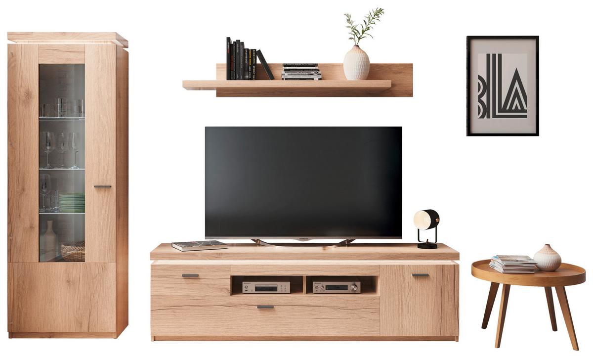 Wohnkombination Modern 3 -teilig. Mit Led Vancouver, Eiche Dekor - Eichefarben, MODERN, Glas/Holzwerkstoff (266/198/44cm)