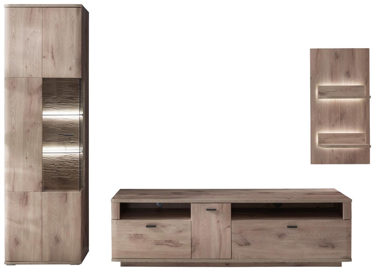 Wohnwand Prato Eiche Dekor B: 270 cm - Eichefarben, Design, Glas/Holzwerkstoff (270/199/50cm) - MID.YOU