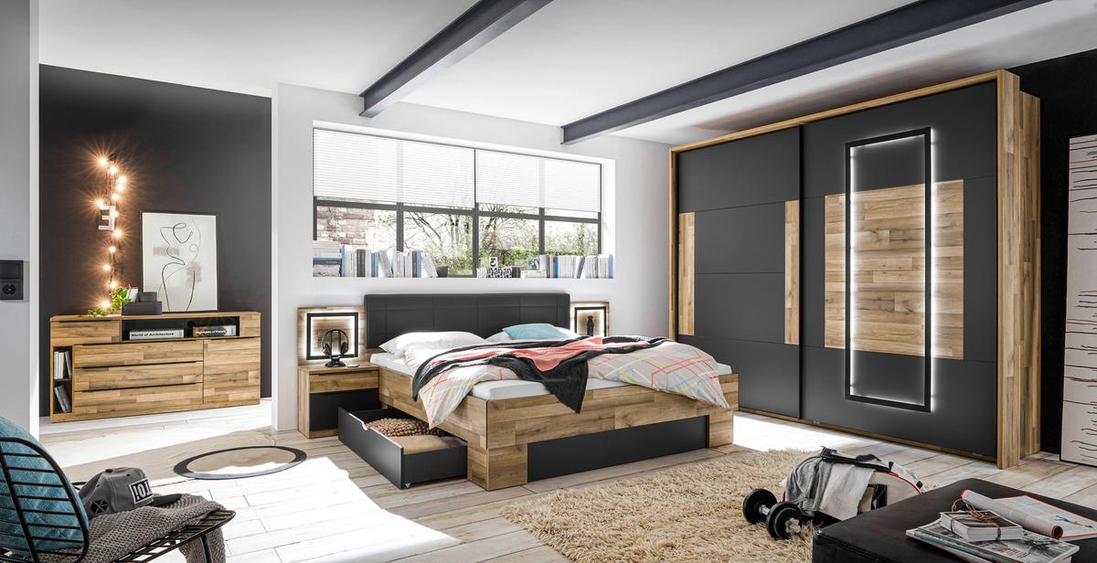 Schwebetürenschrank + LED 270cm , Graphit/Eiche Dekor - Eichefarben/Graphitfarben, KONVENTIONELL, Holzwerkstoff (270/225,5/60cm) - James Wood