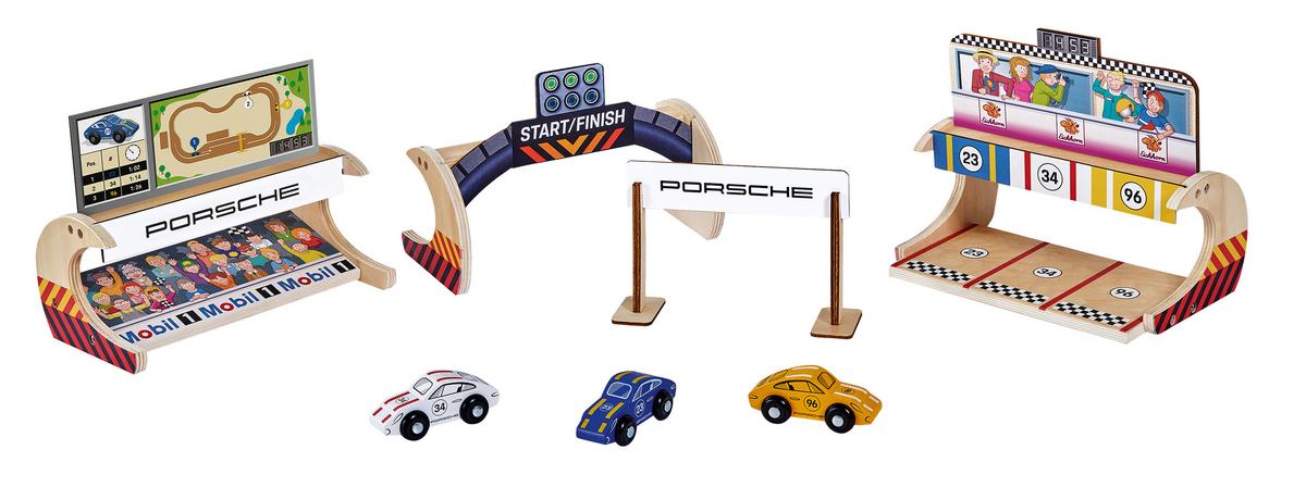 Porsche Racing 350 cm Rennstrecke aus Holz mit 2 Autos und Zubehör Eichhorn  109475850