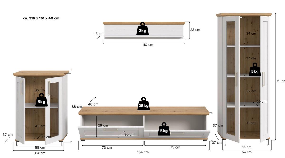 Wohnwand Verona Lärchefarben /Eiche Dekor B: 316cm - Lärchefarben/Schwarz, Design, Holzwerkstoff (316/161/40cm) - Livetastic