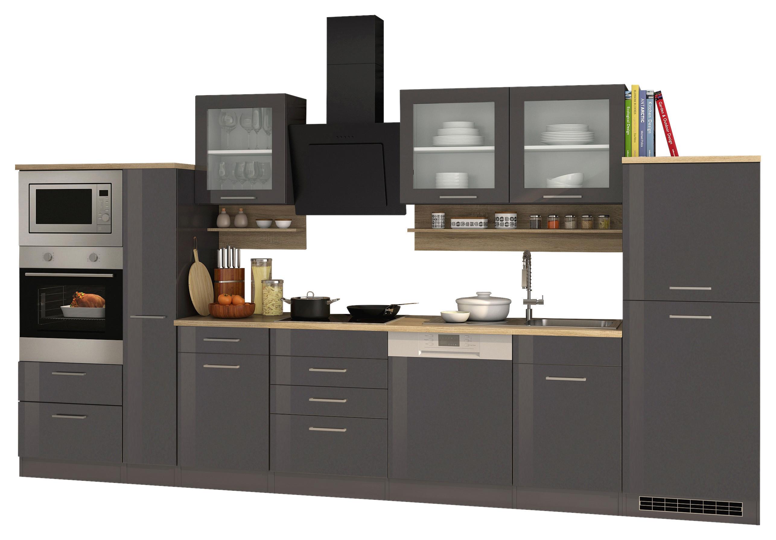 Küchenblock Mailand Graphitfarben B: 370cm - Graphitfarben/Sonoma Eiche, MODERN, Glas/Holzwerkstoff (370cm) - Held