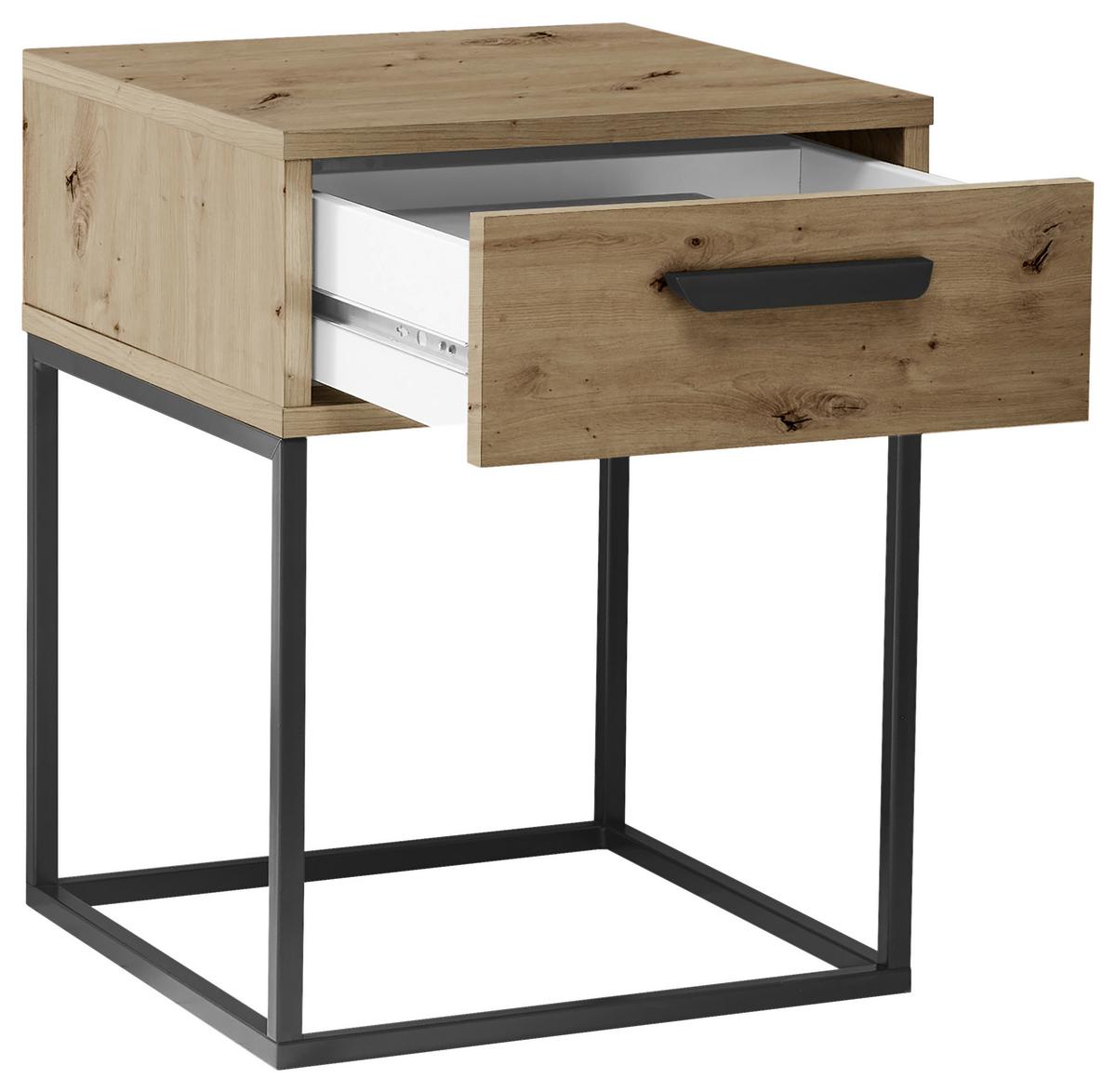 Nočný stolík SUNA 1 zásuvka dekor dub Artisan - čierna/dub artisan, Modern, kov/kompozitné drevo (40/52/38,5cm)