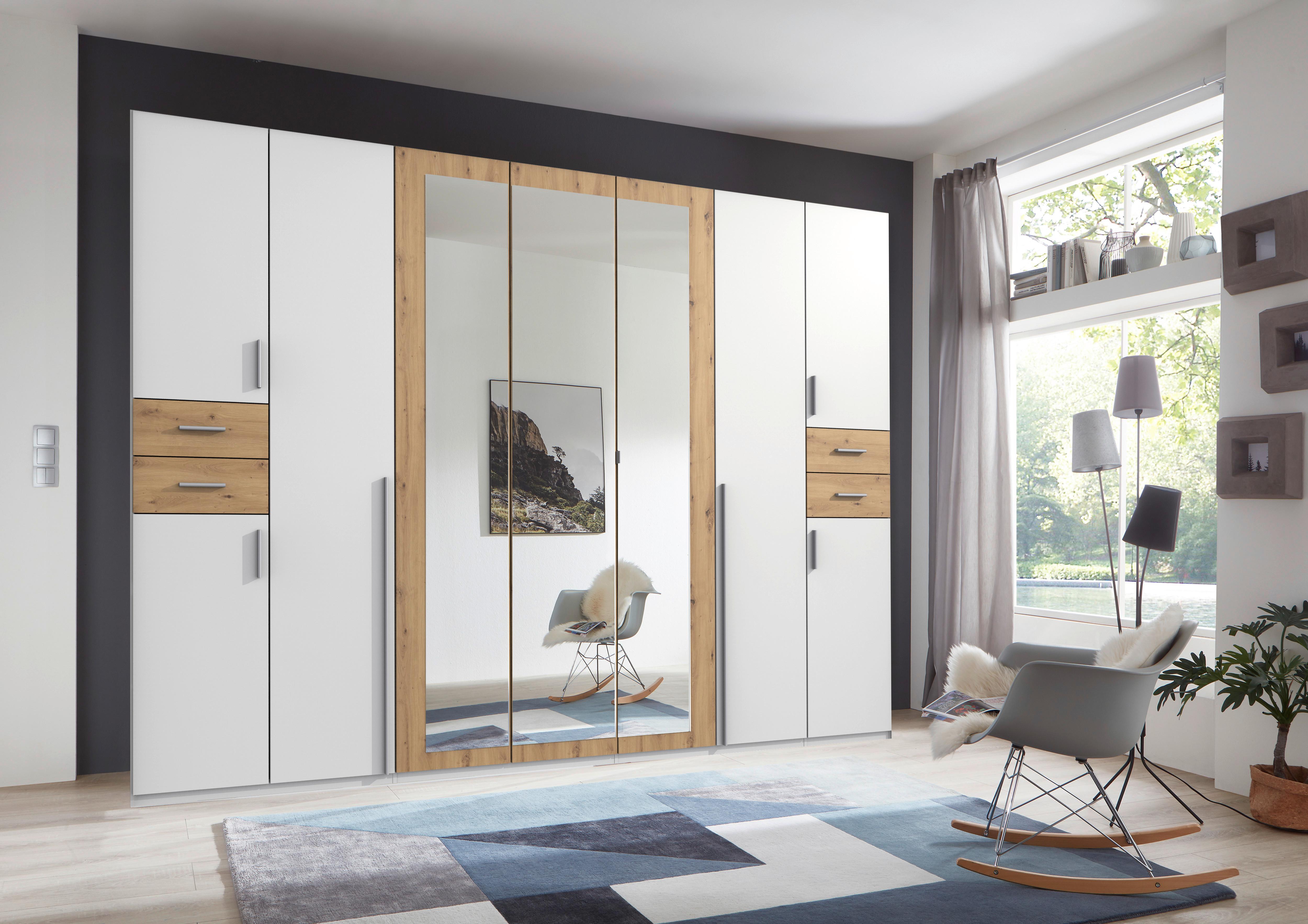 Drehtürenschrank Mit Spiegel + Laden B: 313 Cm Vegas, Weiß - Eiche Artisan/Weiß, Basics, Holzwerkstoff (313/208/58cm) - MID.YOU