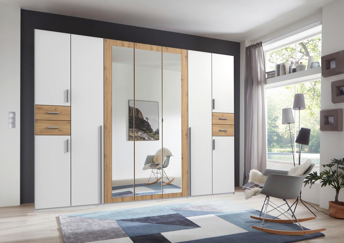 Drehtürenschrank Mit Spiegel + Laden B: 313 Cm Vegas, Weiß - Eiche Artisan/Weiß, Basics, Holzwerkstoff (313/208/58cm) - MID.YOU