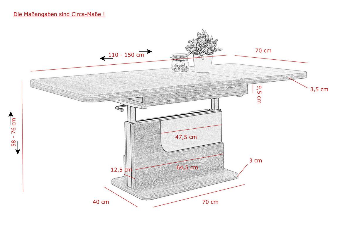 Couchtisch höhenverstellbar + ausziehbar Herbert Eiche Dekor - Eichefarben/Anthrazit, MODERN, Holzwerkstoff (150/70/76cm) - MID.YOU