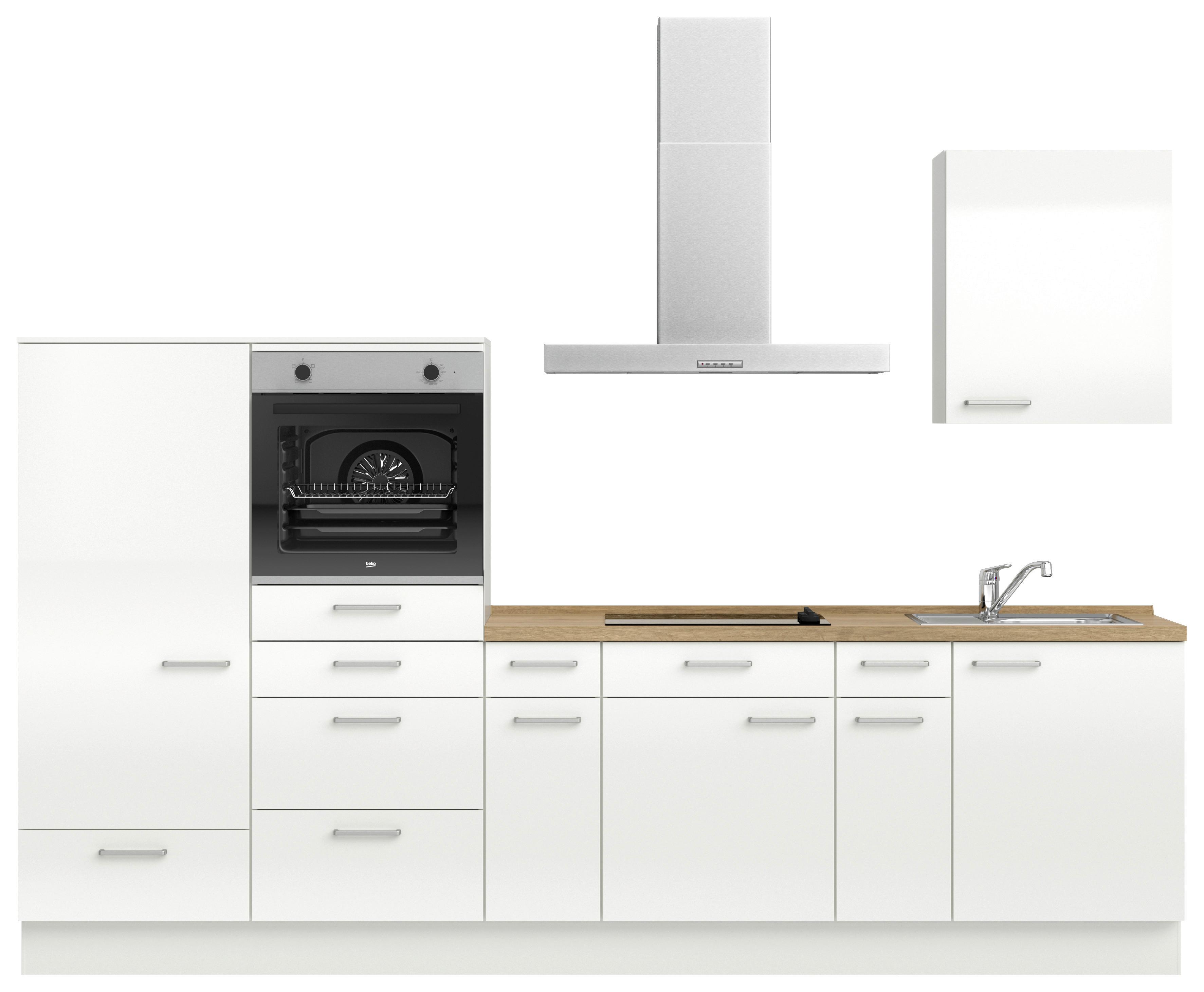 Kuchyňská linka 300 cm, alpská bílá vysoký lesk - barvy dubu/vysoce lesklá bílá, Moderní, kov/kompozitní dřevo (300cm) - Nobilia