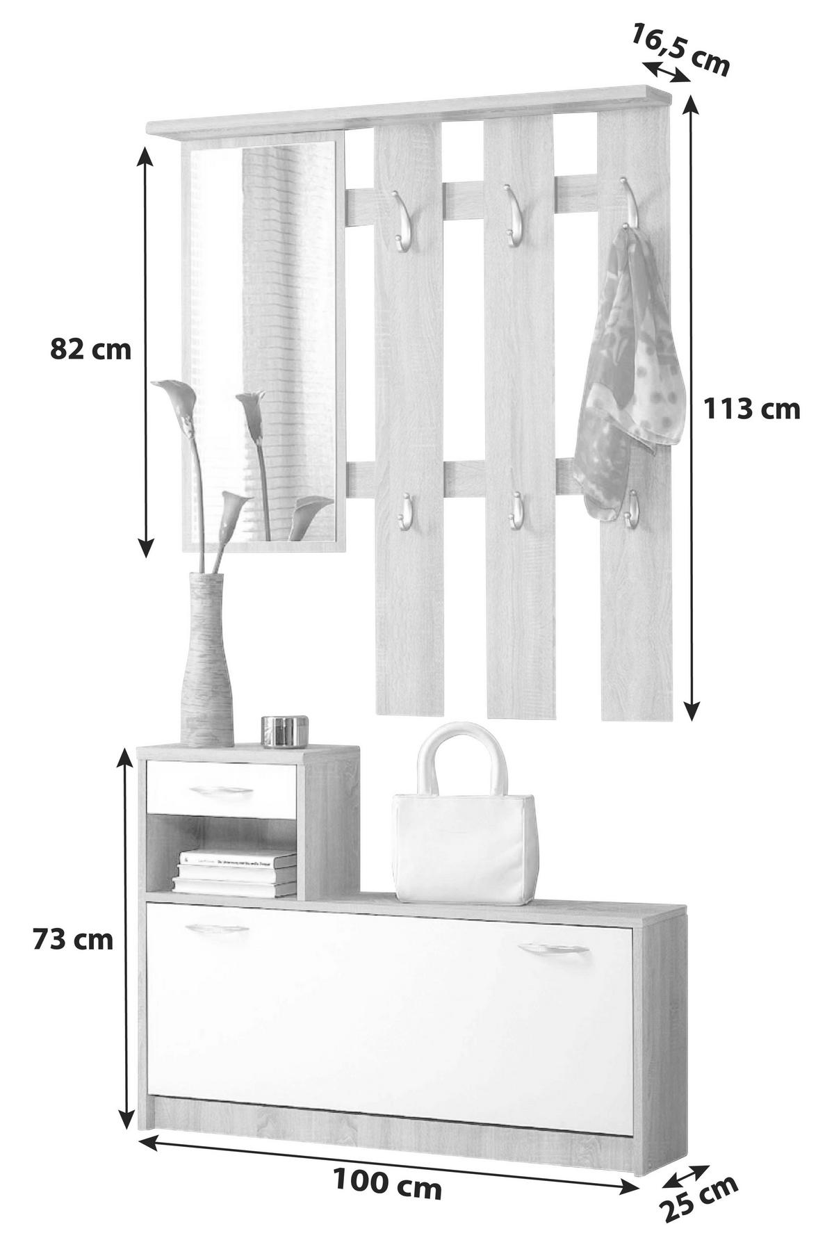 Garderobe Vera Eiche Dekor/ Weiß 2--Teilig. Mit Spiegel - Eichefarben/Weiß, KONVENTIONELL, Holzwerkstoff (100/191/25cm) - MID.YOU