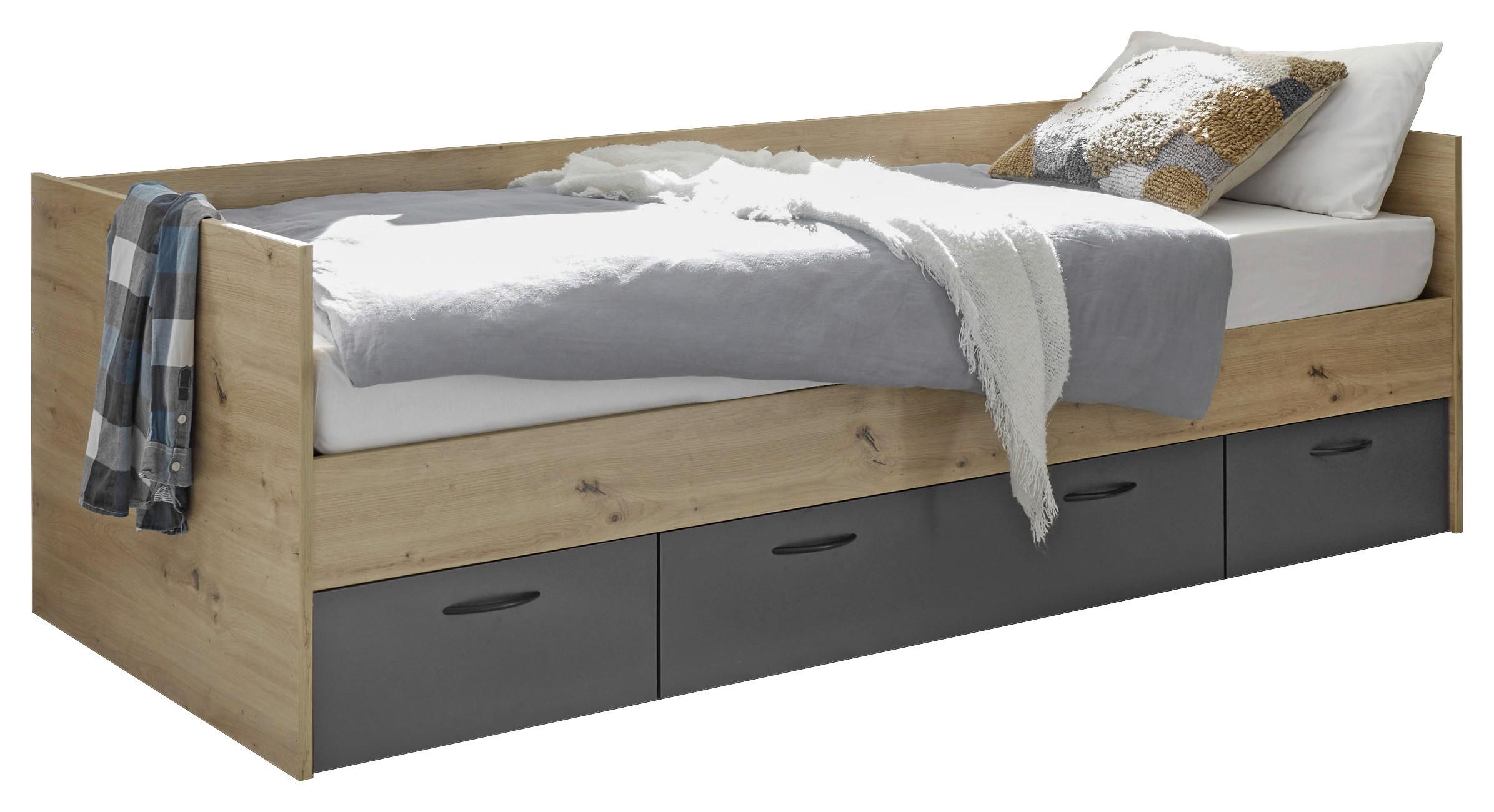 Bett Liam 90 cm Eiche Artisan, Lf: 90x200cm - Graphitfarben/Eiche Artisan, KONVENTIONELL, Holzwerkstoff (204/65/95cm)