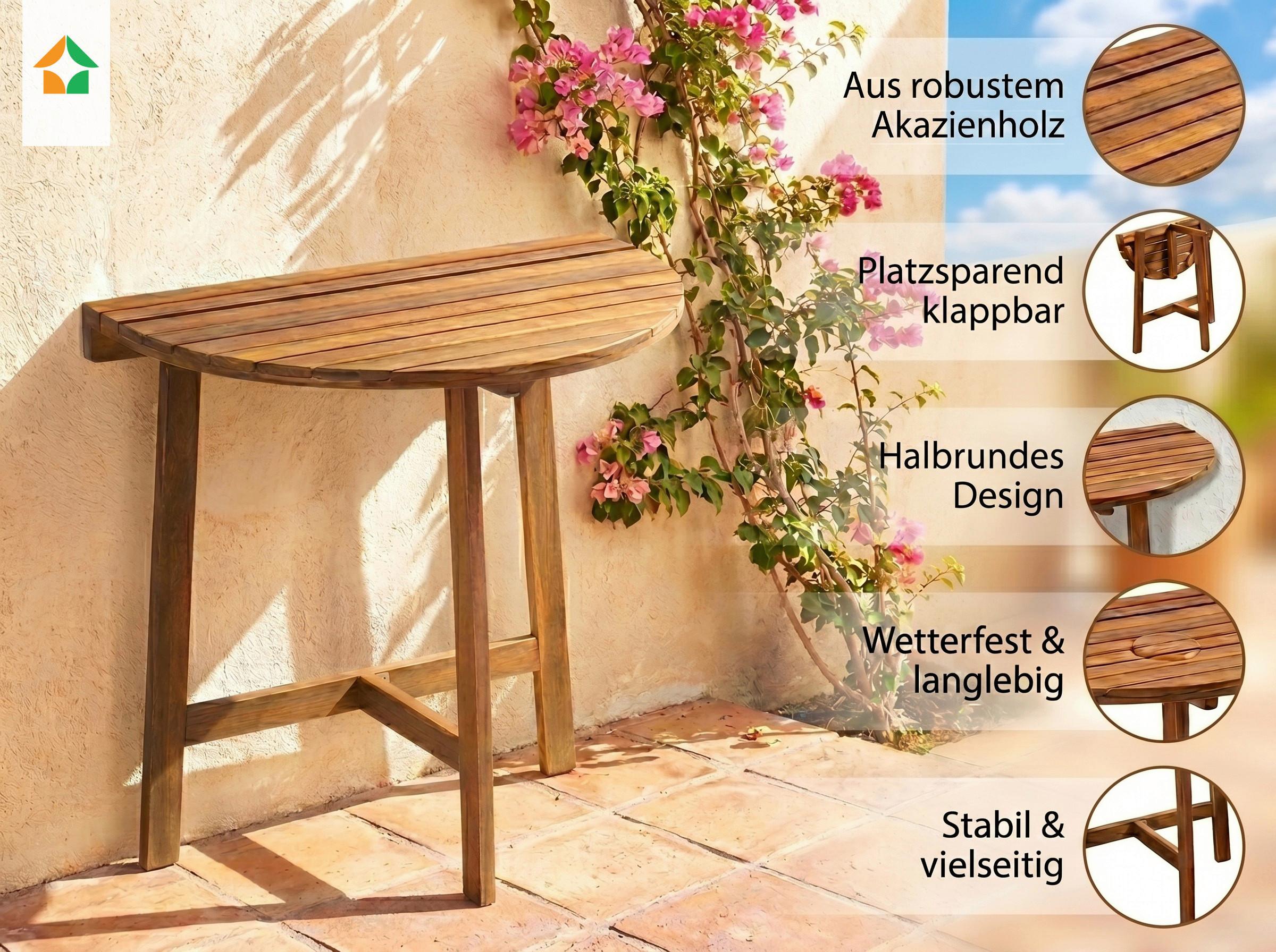 Gartentisch, halbrund LxBxH: ca. 70x45x75 cm - Akaziefarben, Basics, Holz (70/45/75cm) - Prestige Home