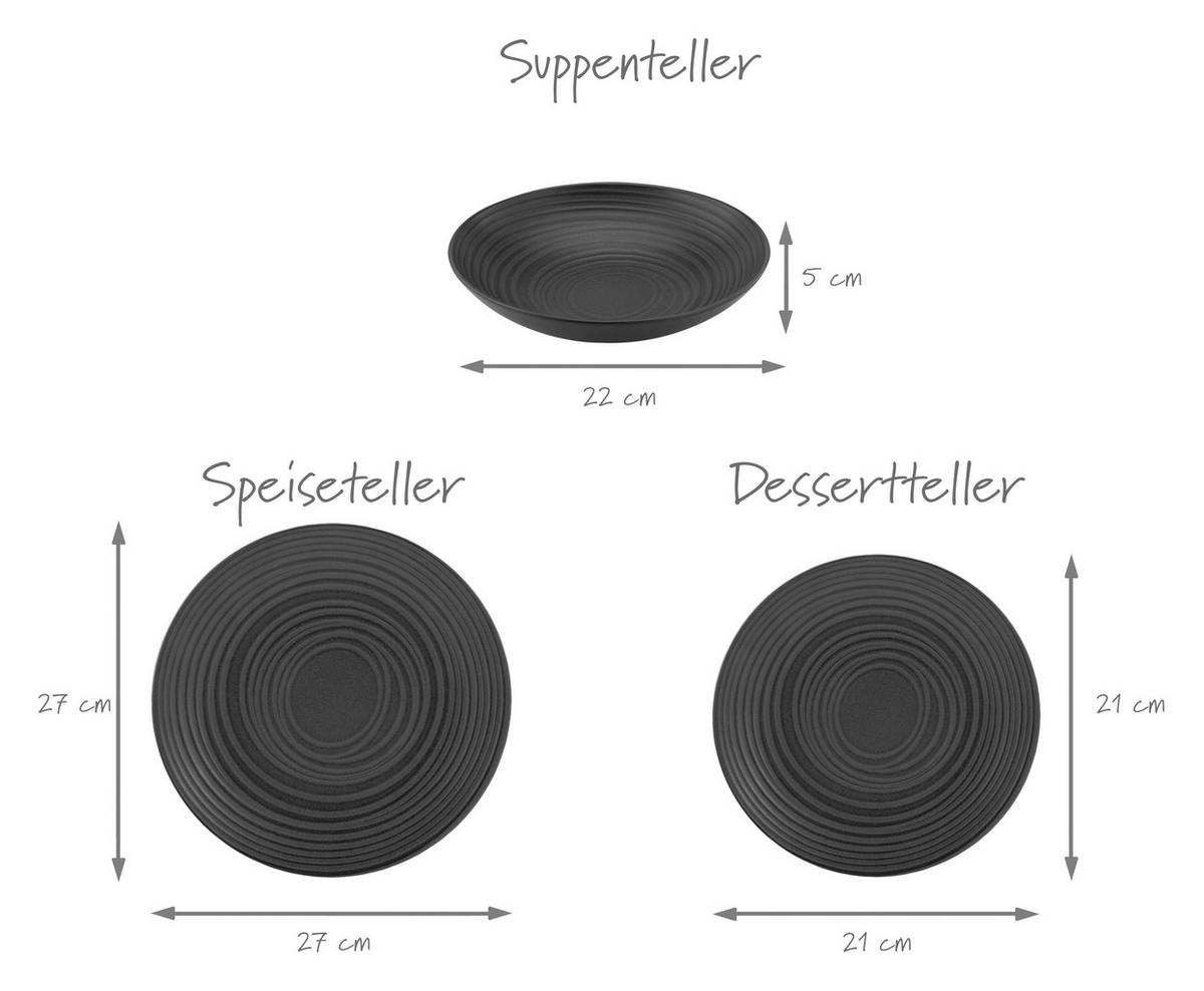 Speisetellerset 18-Tlg. Lava Stone Black, Schwarz - Schwarz, Design, Keramik - Creatable