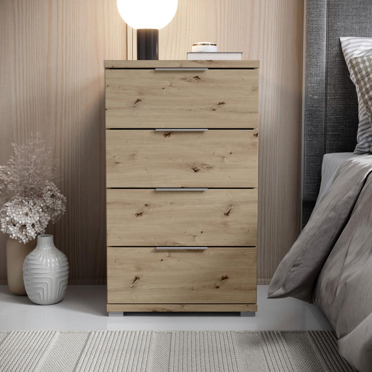 Nachtkästchen Smilla 4l E - Alufarben/Eiche Artisan, KONVENTIONELL, Holzwerkstoff (46/79/42cm)
