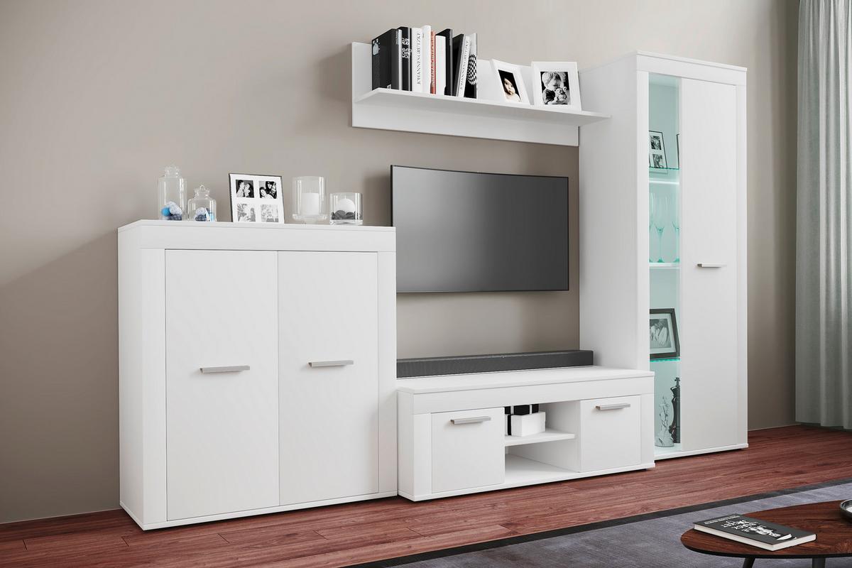 Wohnwand Usilo Weiß B: 242 cm - Schwarz/Weiß, Design, Glas/Holzwerkstoff (242/159/37cm) - MID.YOU