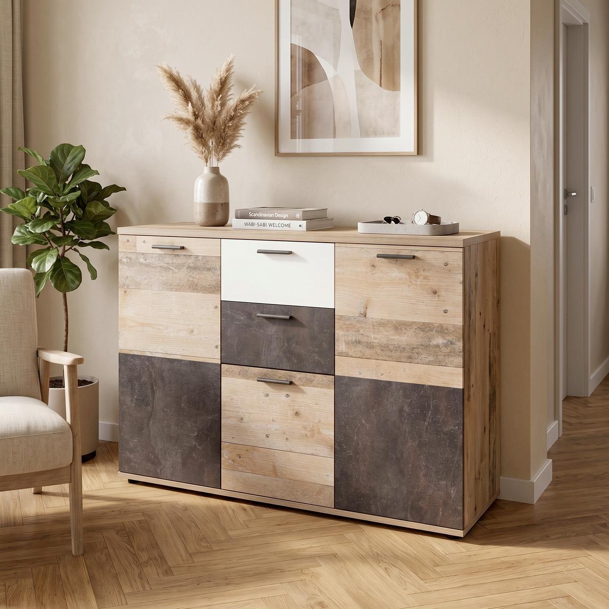 Kommode B: 126,6 cm Sofia Old Style Hell/Atelier dunkel/Weiß - MODERN, Holzwerkstoff (126,6/85,3/40cm)