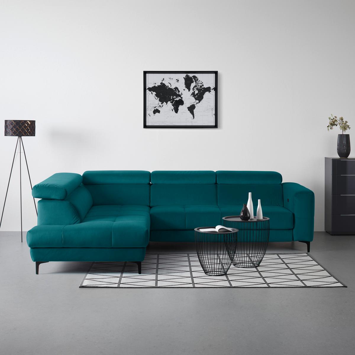 Rohová sedačka EMMA, levá, petrolej.,op.hl.,USB,el.výsuv - petrolej/černá, Moderní, textil (210/301cm) - Premium Living