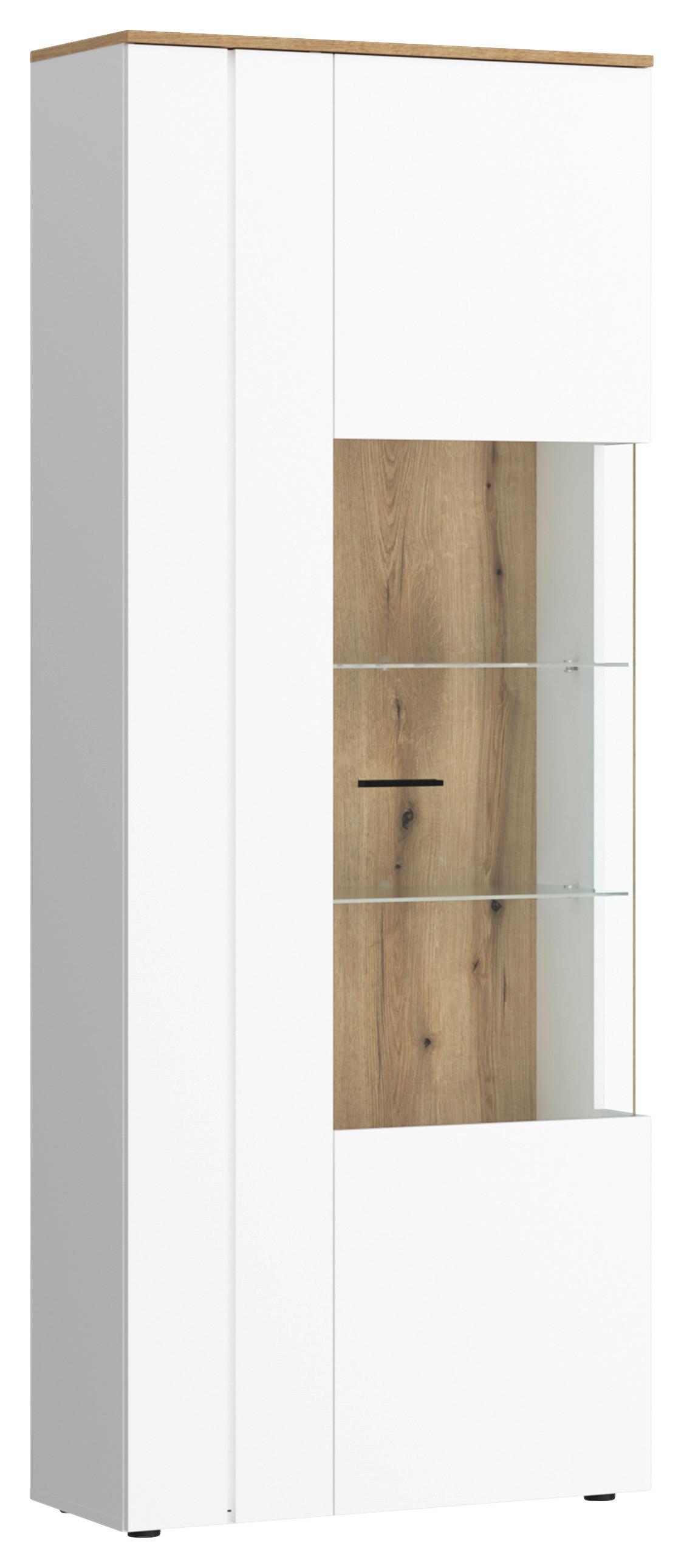 Vitrine Dalano Weiß/Eichefarben B: 77,7 cm - Eichefarben/Schwarz, Trend, Glas/Holzwerkstoff (77,7/201,8/37,2cm) - MID.YOU