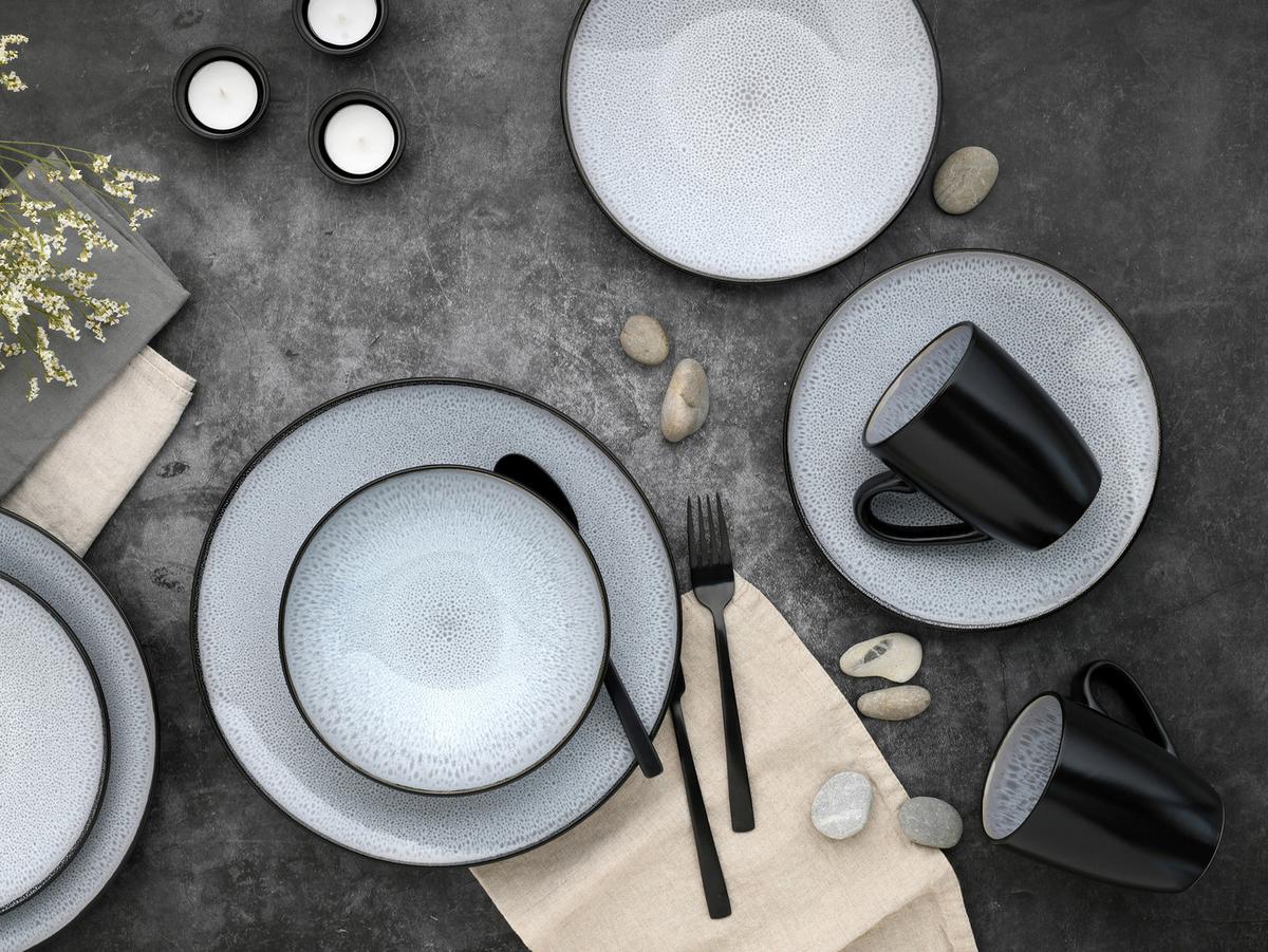 Kombiservice Malmö Schwarz, Grauweiß 16--Teilig - Grauweiß/Schwarz, Basics, Keramik - Creatable