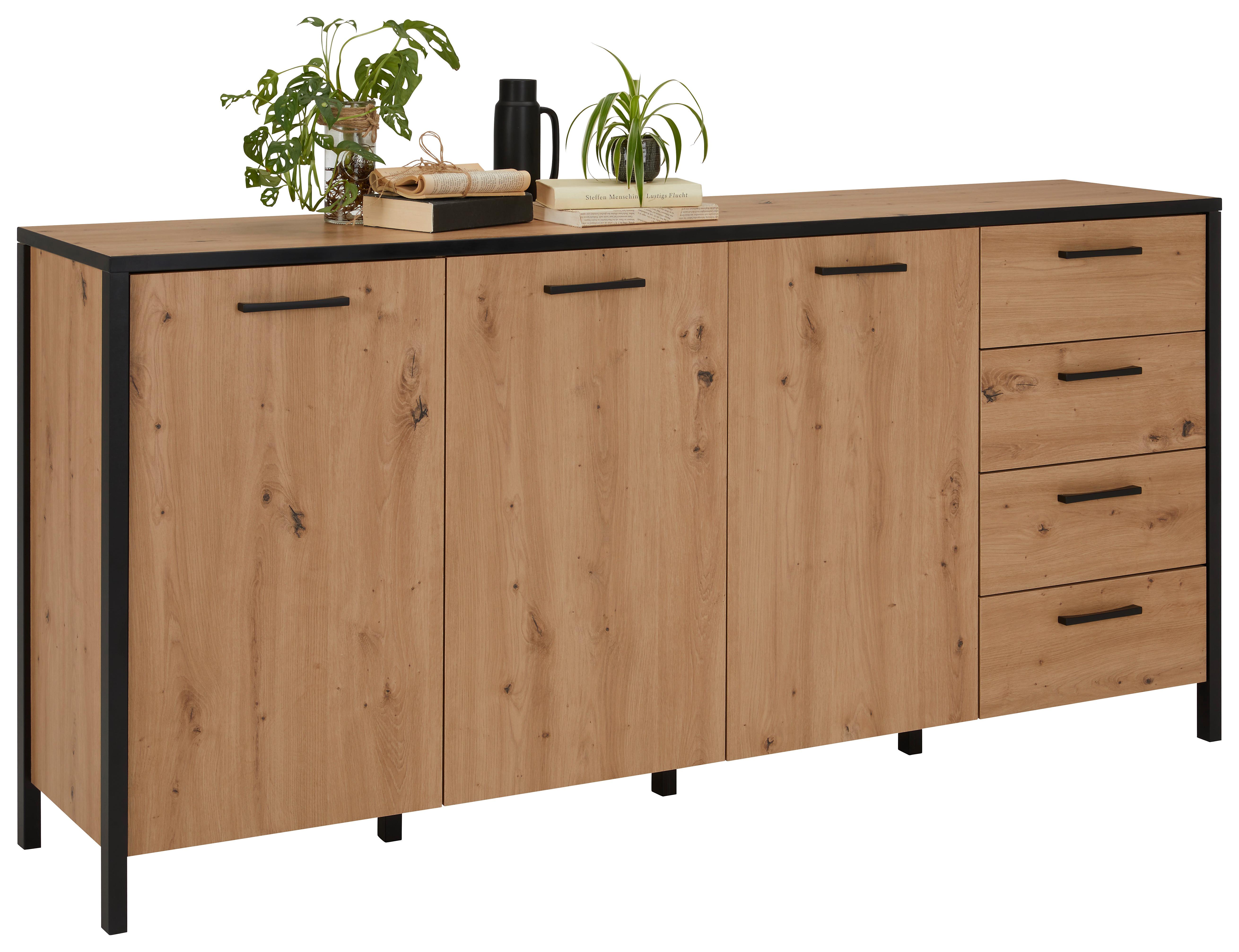Široká Komoda Kirikus - farby dubu/čierna, Moderný, kov/kompozitné drevo (185/90/40cm) - Modern Living