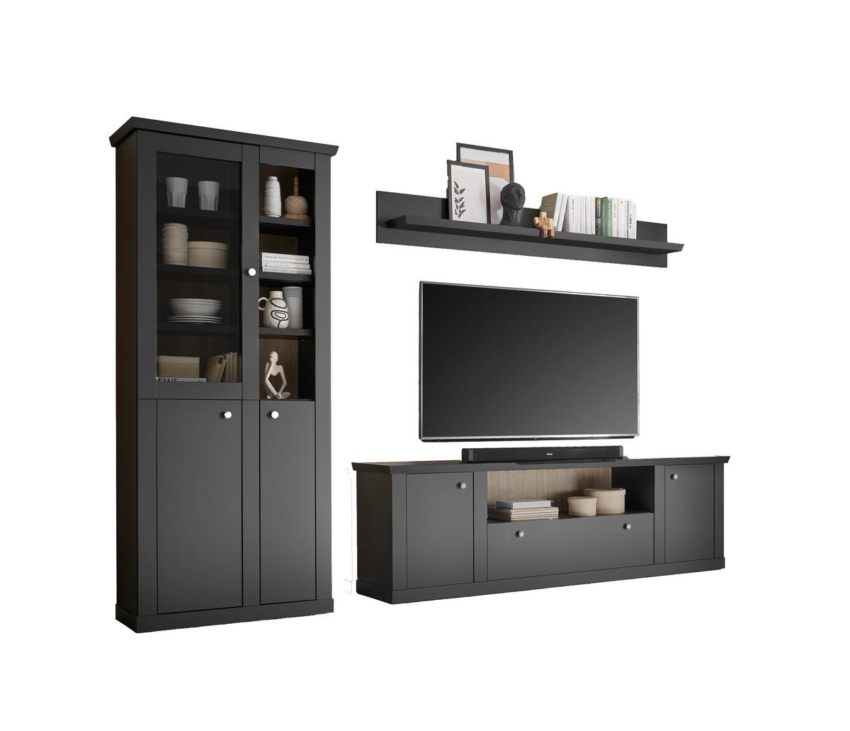 Wohnwand Lincoln Schwarz/Eichefarben B: 301cm - Eichefarben/Schwarz, Design, Holzwerkstoff (301/200/42cm) - MID.YOU