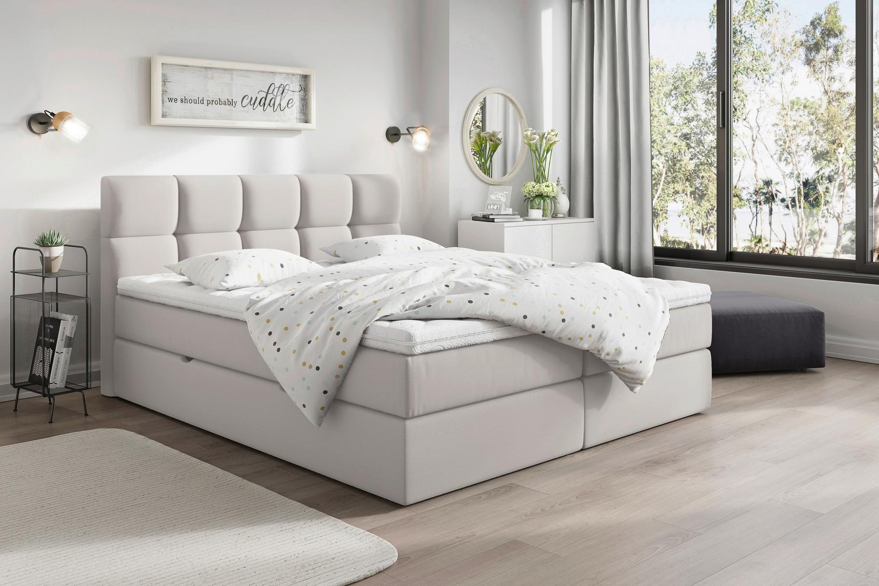 Hellgraues Boxspringbett mit abnehmbarem Topper und gepolstertem Kopfteil