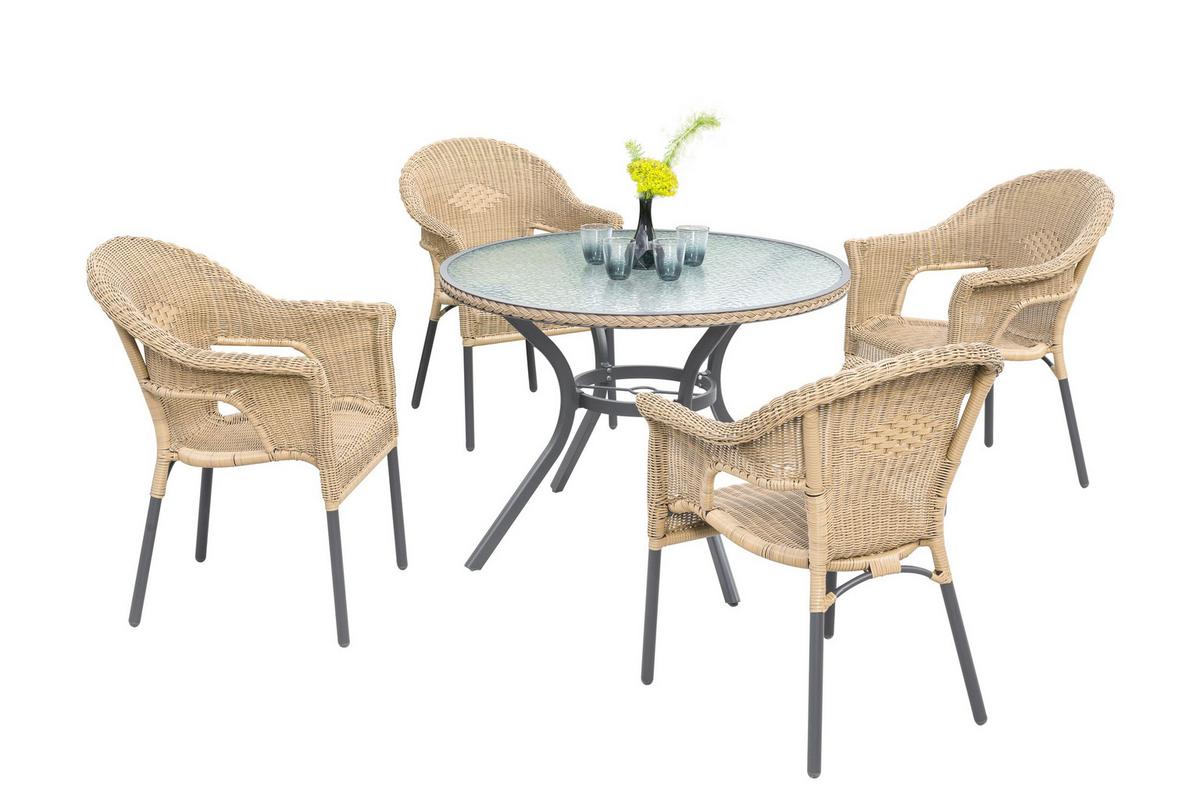 Gartengarnitur 5-Tlg. Ravenna Metall/Kunststoff/Glas - Graphitfarben/Naturfarben, ROMANTIK / LANDHAUS, Kunststoff/Metall - Gardenson