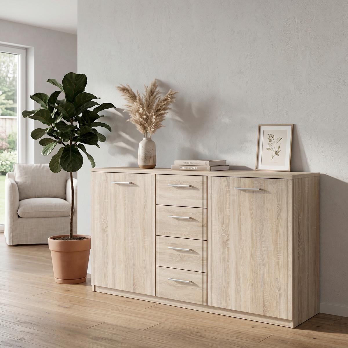 Sideboard 147 cm Gloria, Sonoma Eiche Dekor - Schwarz/Sonoma Eiche, Basics, Holzwerkstoff/Kunststoff (147/84.3/41cm)