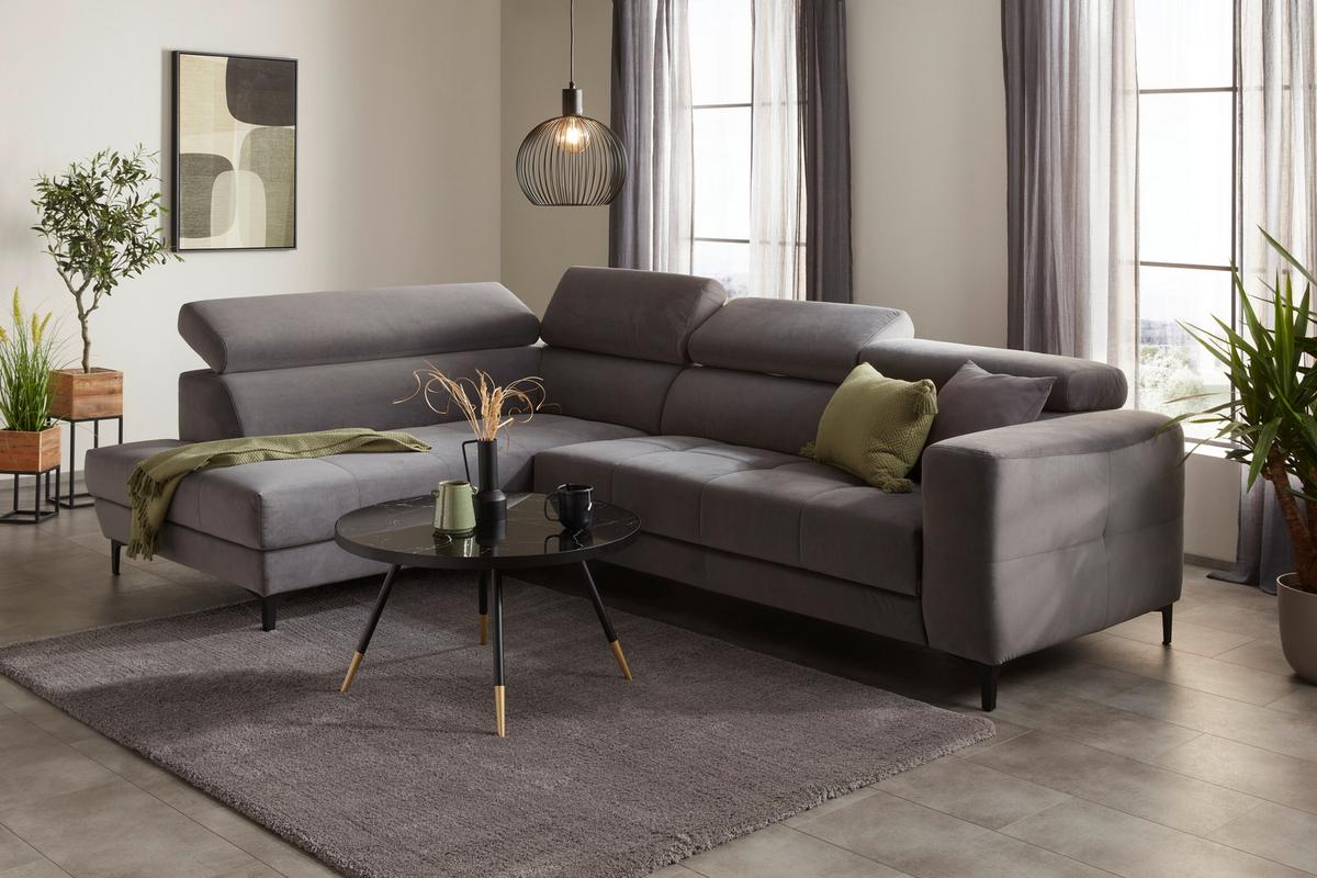 Rohová sedačka EMMA, ľavá, sivá,nast.op.hl,USB,el.výsuv - čierna/sivá, Modern, textil (210/301cm) - Premium Living