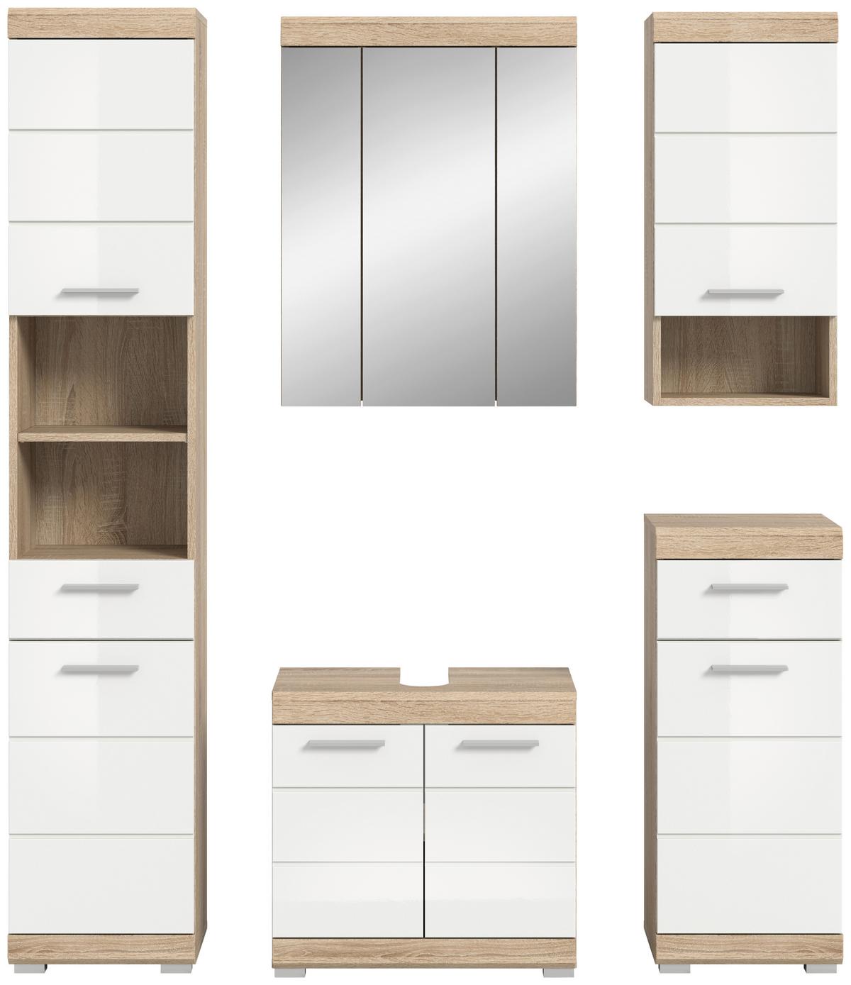 Badezimmer Lambada Eiche Dekor/Weiß B: 134 cm - Weiß Hochglanz/Silberfarben, MODERN, Glas/Holzwerkstoff (134cm) - MID.YOU