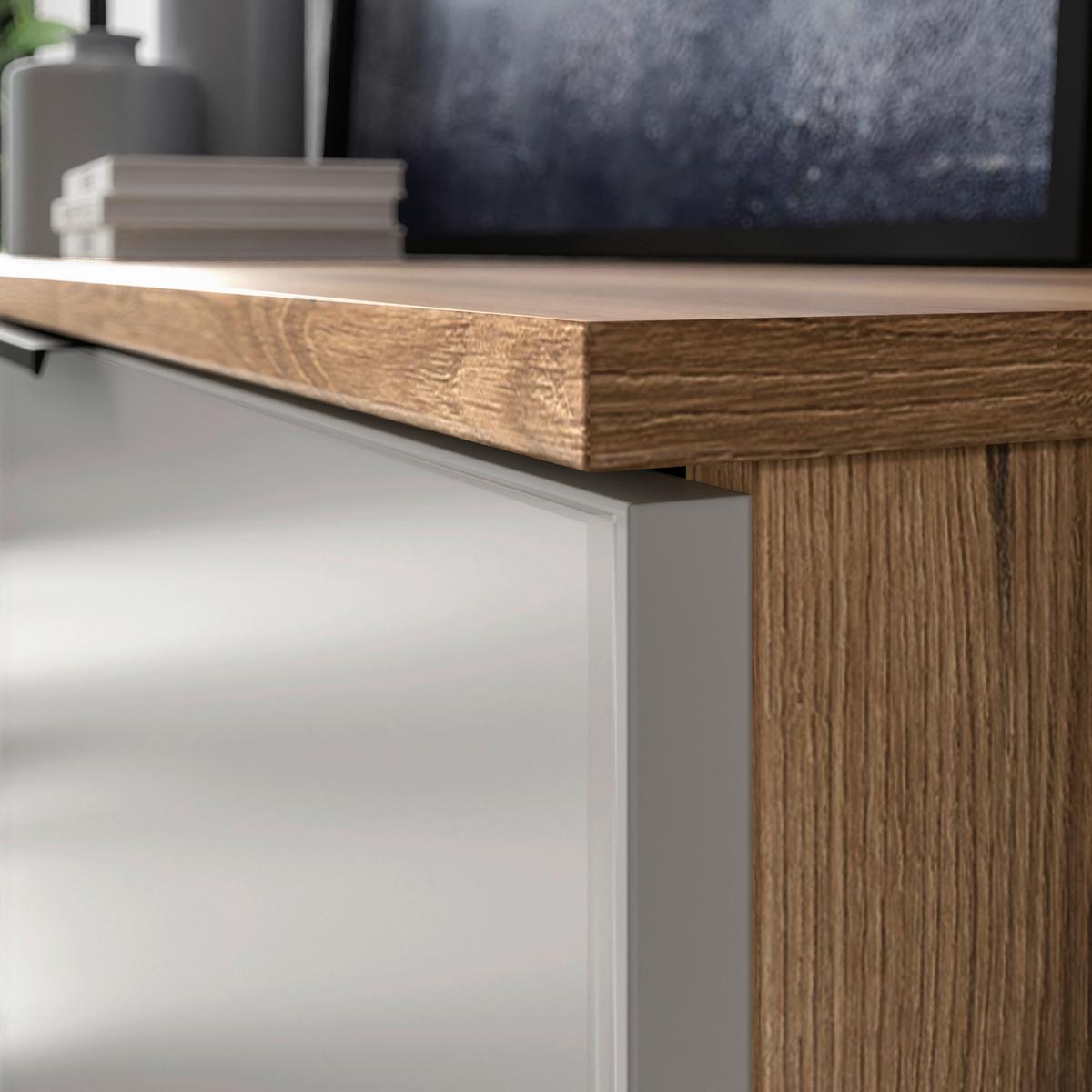 TV-Lowboard Austin 225 cm Eichefarben/Glasfront Weiss - Eichefarben/Schwarz, Trend, Glas/Holzwerkstoff (225/63/40cm)