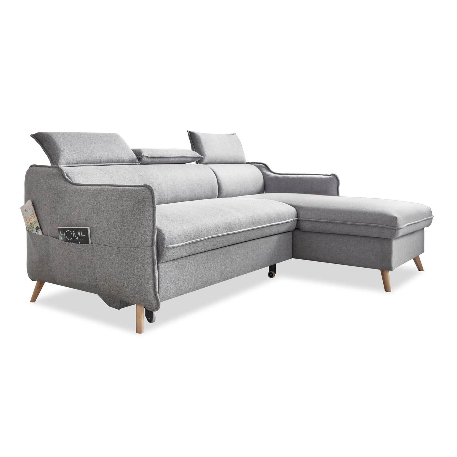 Rozkládací sedačka Simone, pravé provedení - světle šedá/přírodní barvy, Moderní, dřevo/textil (228/82/95/162cm)