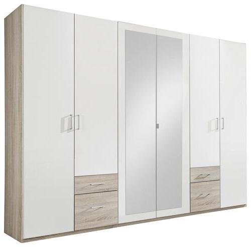 Drehtürenschrank Mit Spiegel + Laden 270cm Fly, Weiß/Eiche - Eichefarben/Weiß, Design, Glas/Holzwerkstoff (270/210/58cm) - MID.YOU
