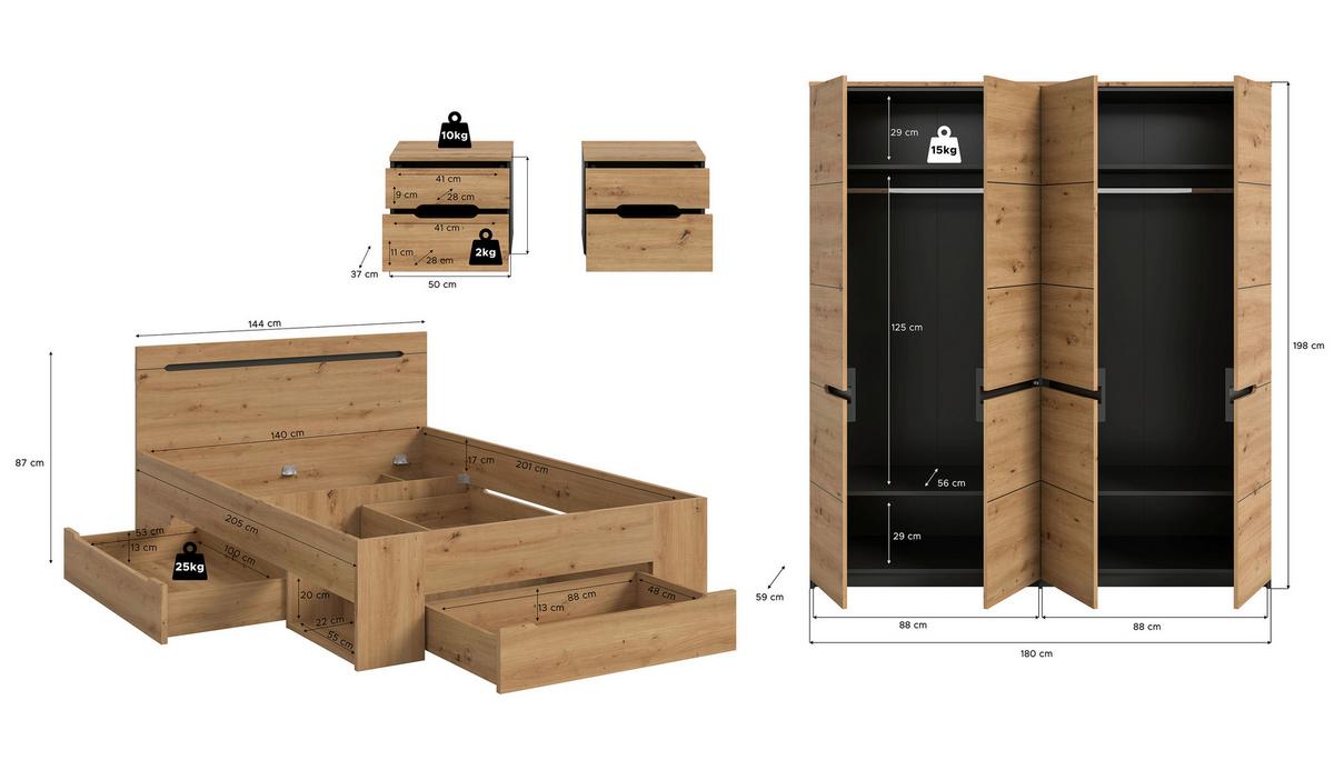 Schlafzimmer Canu Grau /Eiche Artisan Dekor 4--Teilig - Eiche Artisan/Grau, MODERN, Holzwerkstoff - MID.YOU