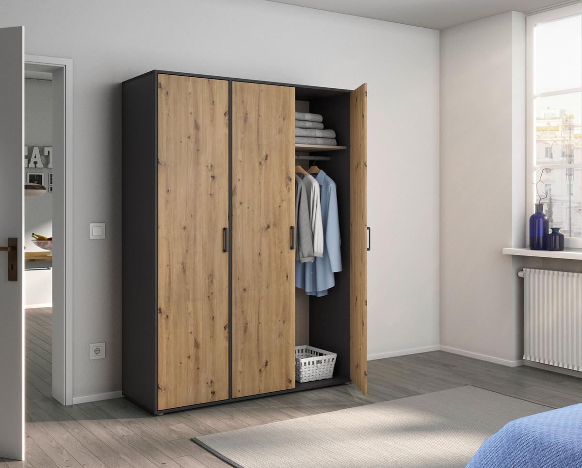Drehtürenschrank Voyager Grau,eiche Artisan B: 140 cm - Eiche Artisan/Grau, MODERN, Holzwerkstoff (140/194/53cm) - Rauch Möbel