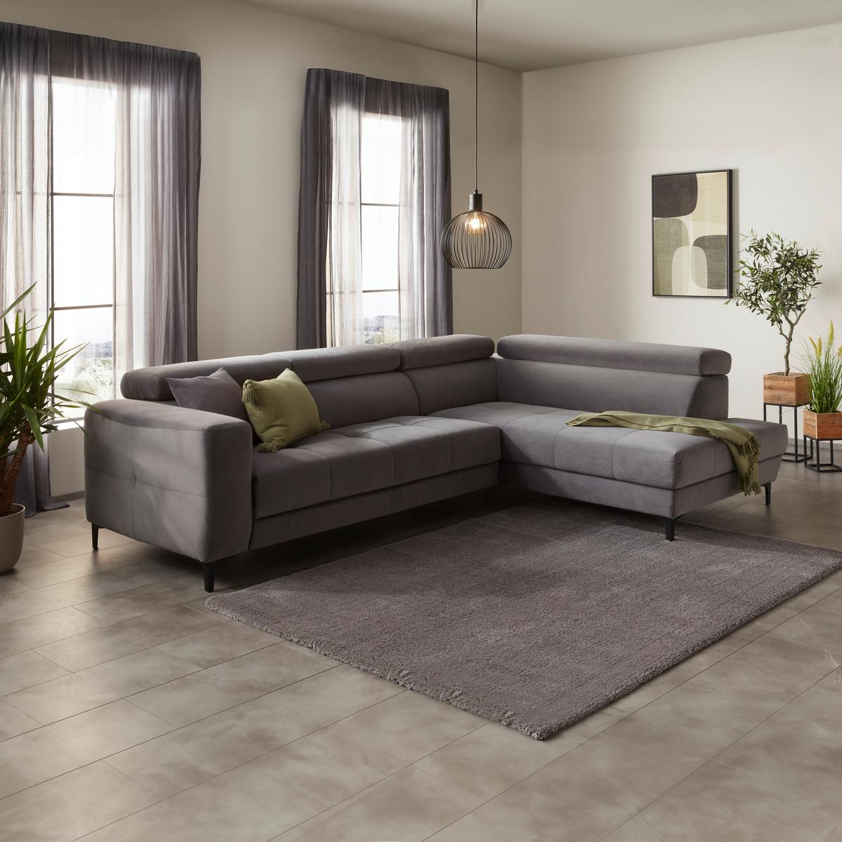 Rohová sedačka EMMA, pravá, šedá,nast.op.hl.,USB,el. výsuv - šedá/černá, Moderní, textil (301/47/210cm) - Premium Living