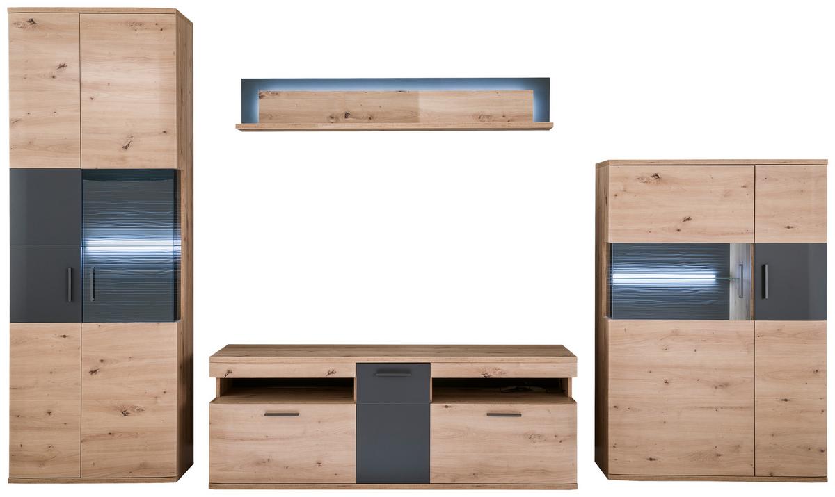 Wohnkombination 4-Tlg. Cortona Anthrazit/Eichefarben - Klar/Eichefarben, Design, Glas/Holzwerkstoff (330/198/50cm) - Livetastic