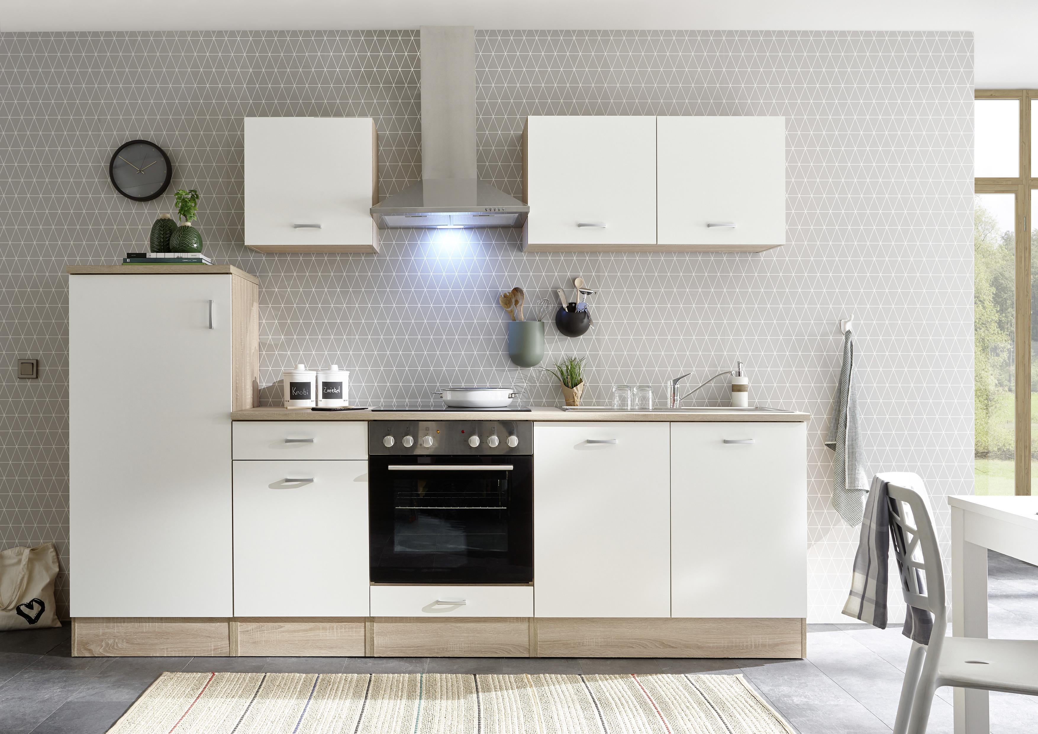 Küchenzeile Andy mit Geräten 270 cm Weiß/Eiche Dekor Modern - Eichefarben/Weiß, Basics, Holzwerkstoff (270cm) - MID.YOU