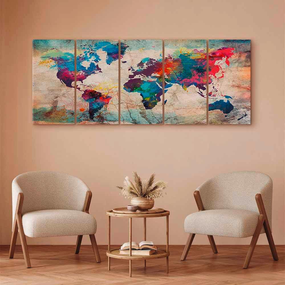 Leinwandbild World Map Multicolor Beige B: 100 Cm - Beige/Multicolor, Basics, Holzwerkstoff/Textil (100/40/1,2cm) - artgeist