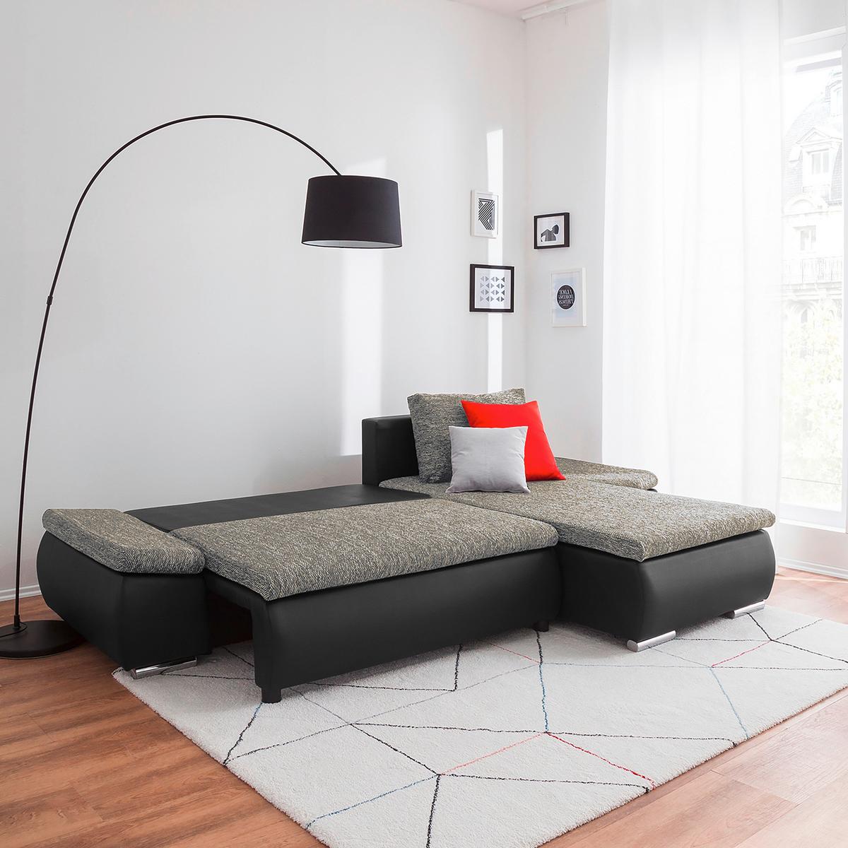 Ecksofa Acra Grau, Schwarz S:266x175cm - Chromfarben/Schwarz, Design, Textil (266/175cm) - Livetastic