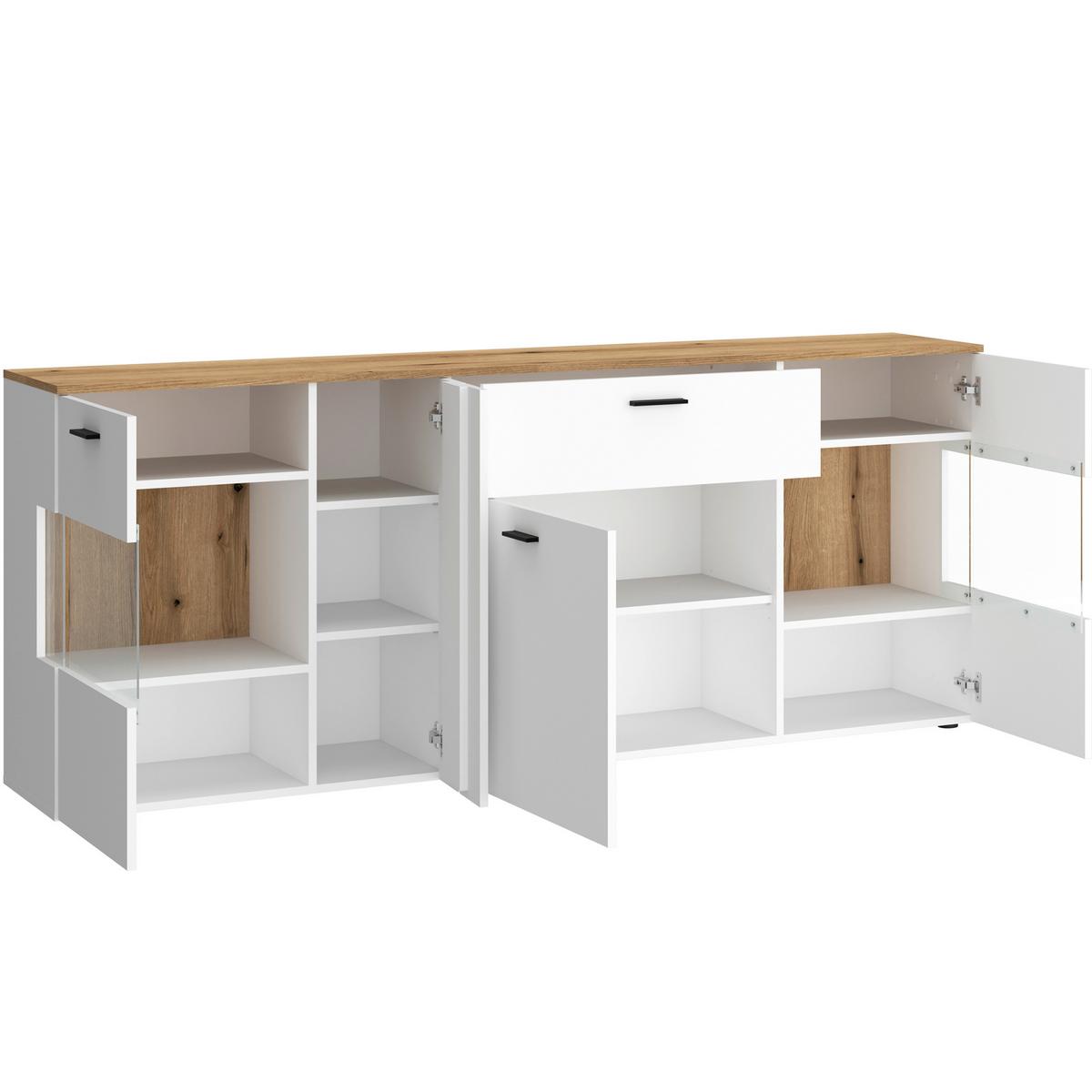 Sideboard Dalano Weiß/eichefarben B: 199,1 Cm - Eichefarben/Schwarz, Trend, Glas/Holzwerkstoff (199,1/83,4/42cm) - MID.YOU