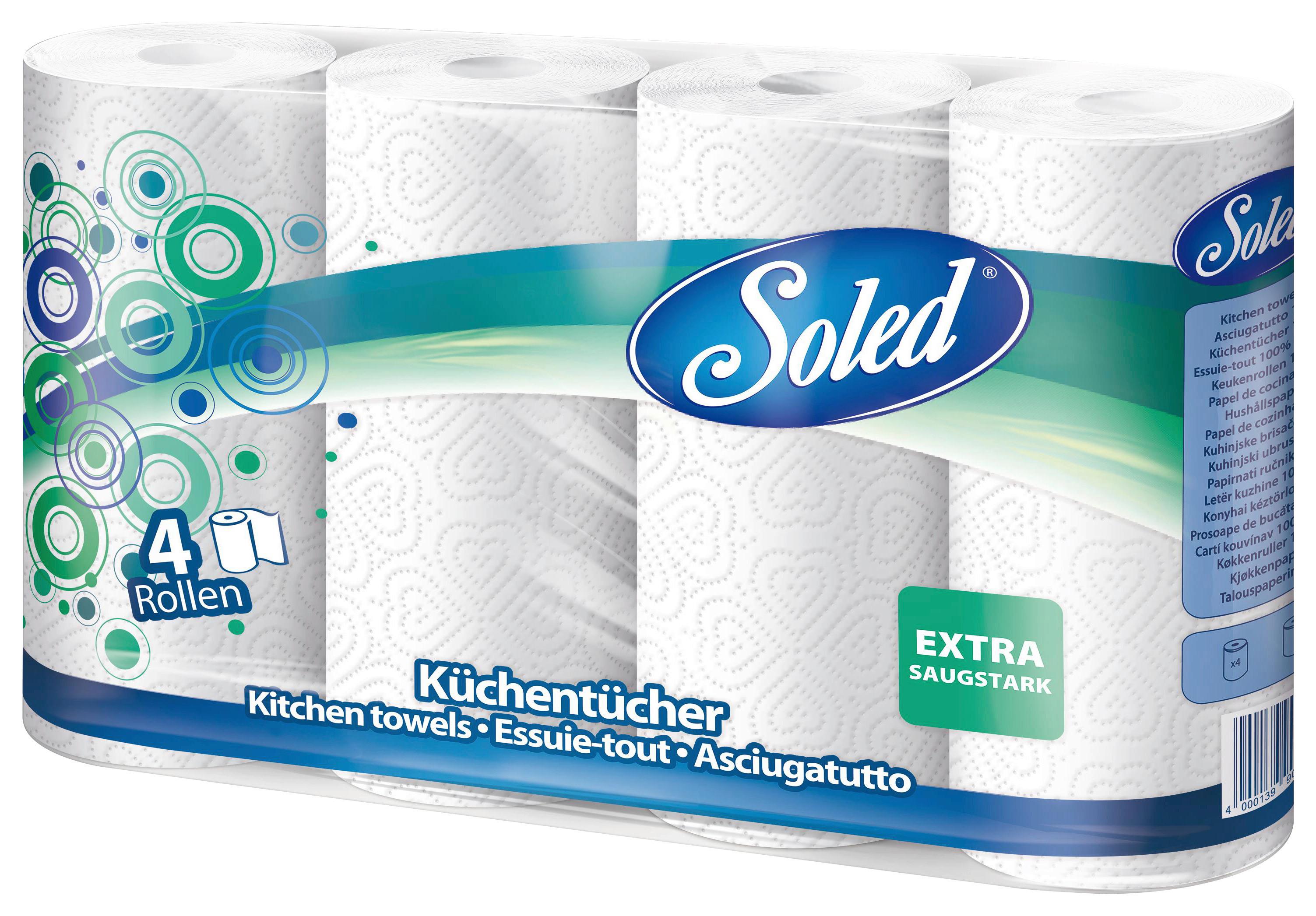 Küchenrolle Soled 3-lagig 4 Stück Packung Reißfest - Weiß, Basics, Papier (34/22,5/9cm)