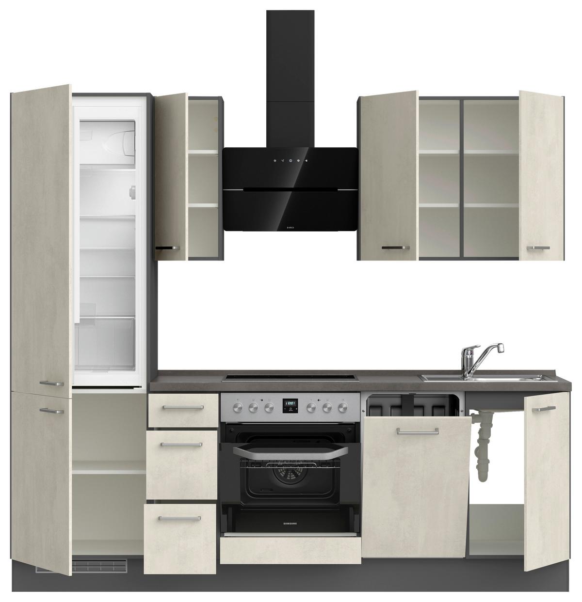 Kuchynská linka 240CM biely betón/ bridlicová šedá - biela/farba ušľachtilej ocele, Modern, kov/kompozitné drevo (240cm) - Nobilia