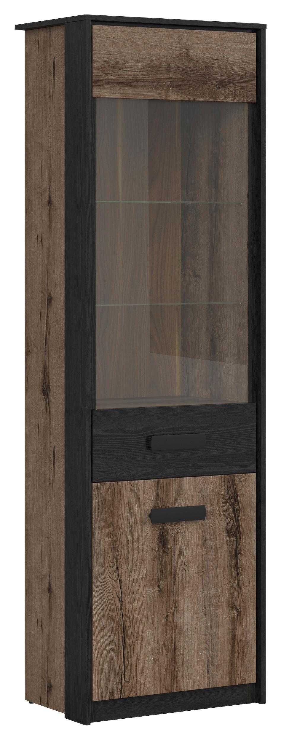 Vitrine Kassel Glass-Door Cabinet - Eichefarben/Schwarz, Design, Glas/Holzwerkstoff (60/195/41cm)