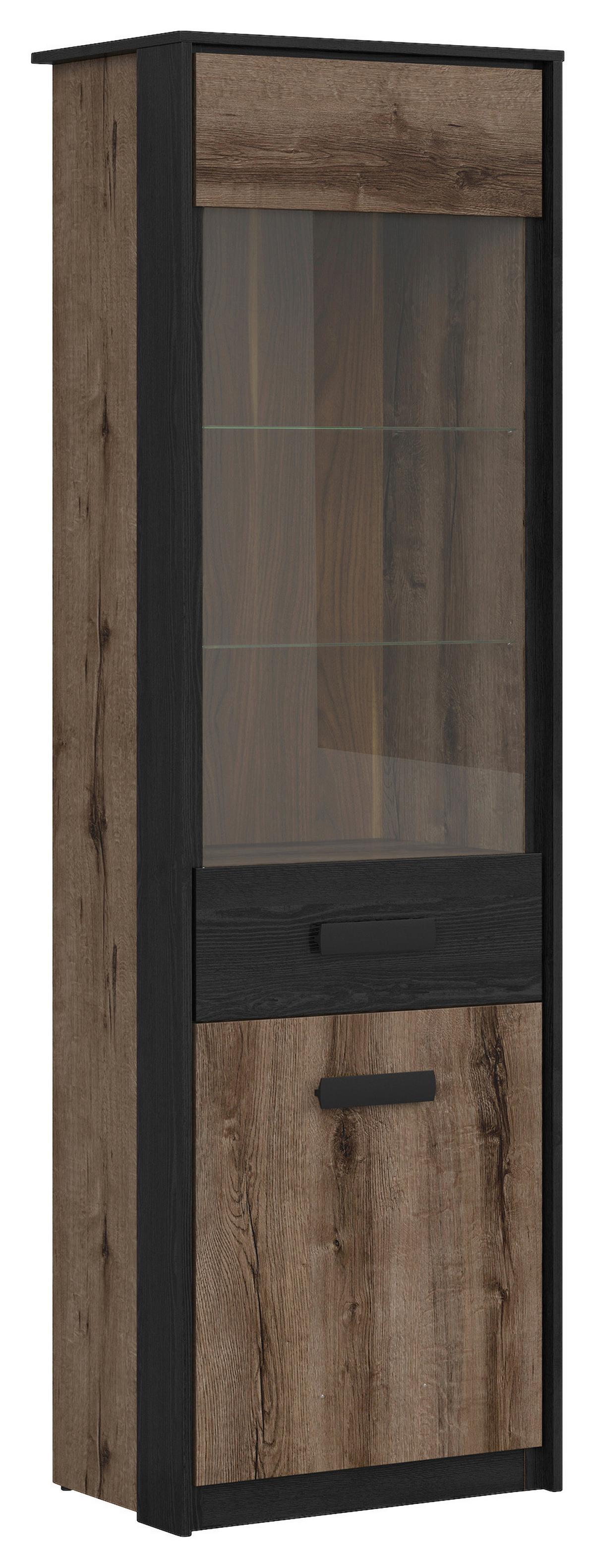 Vitrine Kassel Glass-Door Cabinet - Eichefarben/Schwarz, Design, Glas/Holzwerkstoff (60/195/41cm)