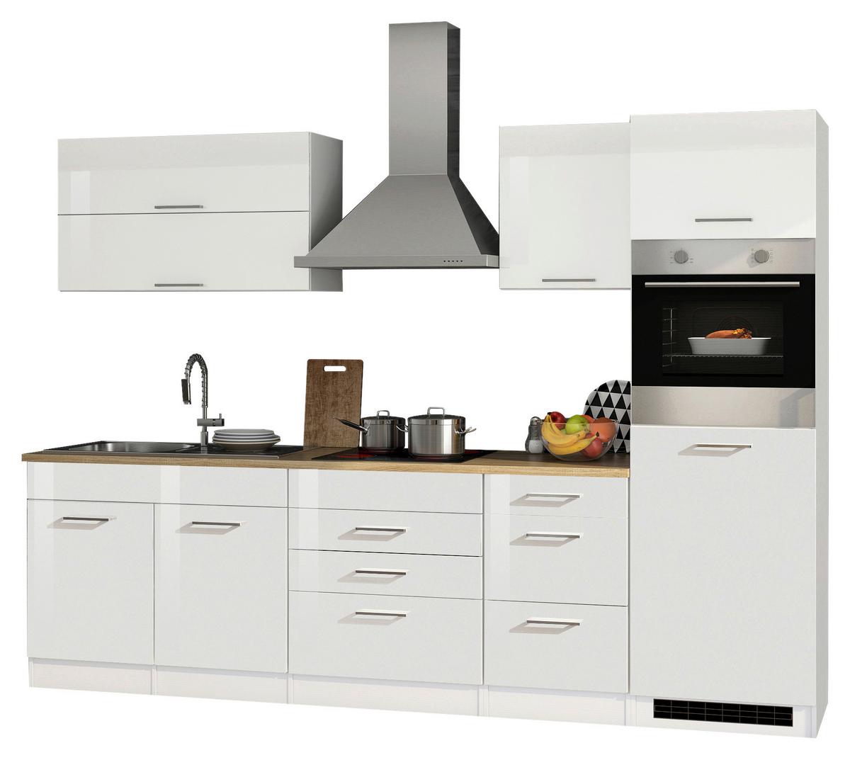 Küchenzeile Mailand M. Geräten 290 Cm Weiß Dekor Hochglanz - Weiß Hochglanz/Eichefarben, MODERN, Holzwerkstoff (290cm) - Held