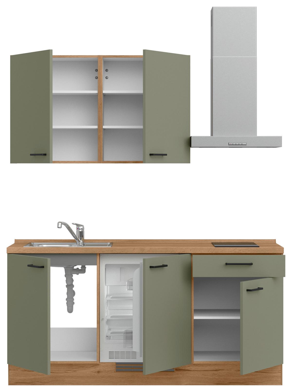 Kuchyňská linka 180 cm, olivově zelená - barvy dubu/černá, Moderní, kov/kompozitní dřevo (180cm) - Nobilia