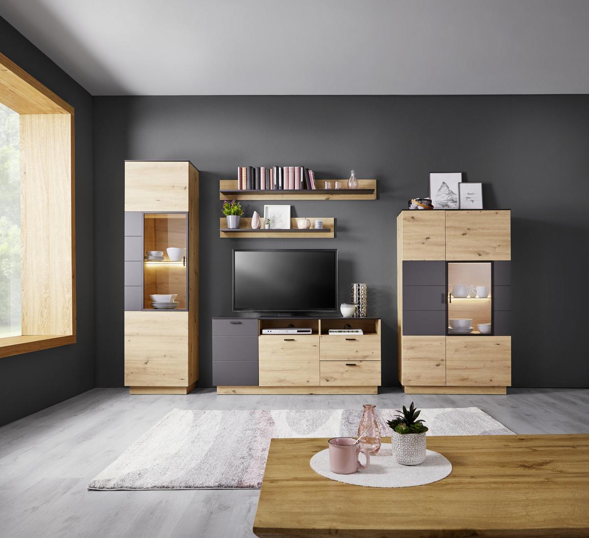 Wohnkombination Modern 5 -Teilig. Tonale 6, Eiche Dekor/Grau - MODERN (296,3/207,6/40cm)